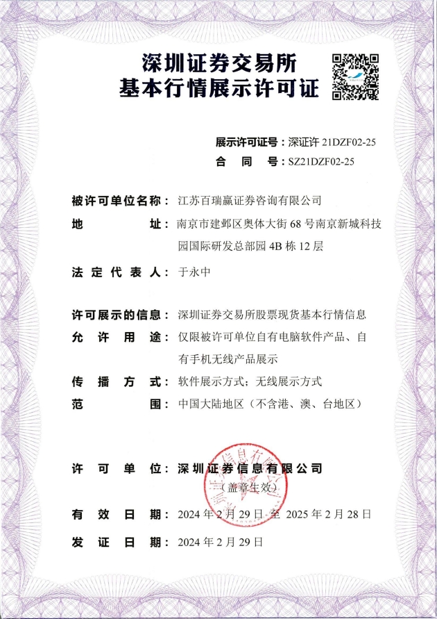 深圳证券交易所基本行情展示许可证